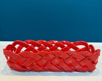Vintage Primo Gi Red Ceramic Woven Bread Basket Italy Large Weave