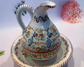 Vintage Clay Art Jug Ceramic Basin Holder with Pitcher Spanish Hand-Painted