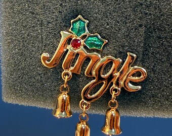 Vintage 1995 Avon Jingle Bells Pin Brooch New Old Stock in Original Box - Gold Tone Christmas Lapel Pin with Hanging Dangle Bells Retro