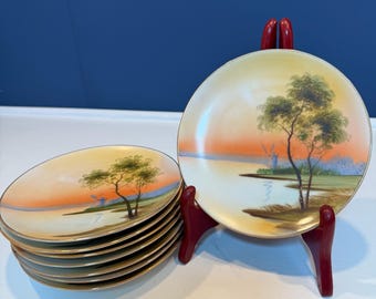 Vintage Noritake Japanese Set of 10 Side Plates - Morimura Scene Orange Sunset Beach