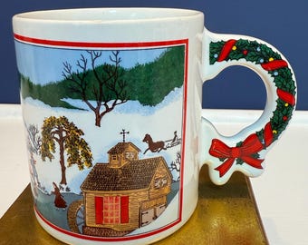 Vintage Ceramic Christmas Winter Scene Mug Wreath Handle Decor Japan