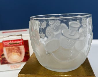 Vintage Crystal Clear Celebrations Snowman Votive Candle Holder - Clear & Frosted Glass Christmas Tea Light Cup KIG Indonesia Holiday