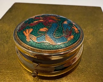 Vintage Chinese Cloisonné Enamel Dragon Pill Box – Round Multicolor Enameled Brass Trinket Box - Imperial Dragon Motif, Collectible Asia