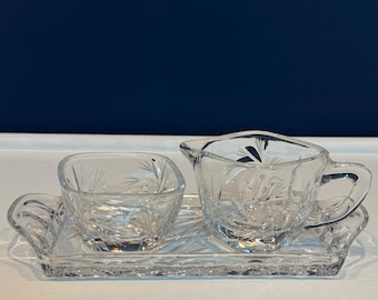 Vintage Cut Glass Americana Star Pattern - Tea Creamer Sugar Bowl + Underplate Tray