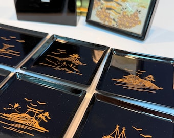 Vintage Japanese Black Lacquer Coaster Set - 6 Piece Maki-e Style Gold Gilt - Chokin Art Mount Fuji Pagoda - Asian Trinket Box