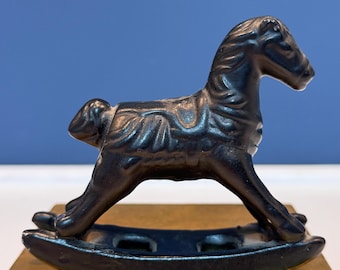 Vintage Black Glazed Mini Ceramic Rocking Horse Figurine - Retro Nursery Decor - Midcentury Porcelain Equestrian Gifts