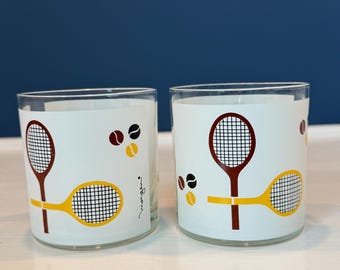 Vintage Morgan Low Ball Tennis Paddle - Whisky Bourbon Cocktail Glassware - MCM 1970s