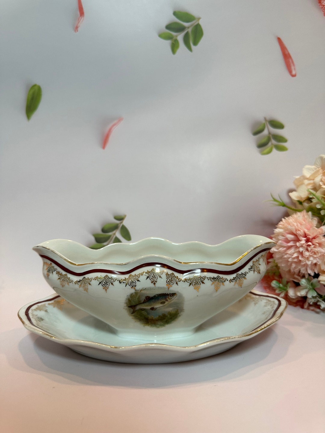Vintage Bavaria Fish Gravy Boat Attached Underplate Gold Trim Etsy