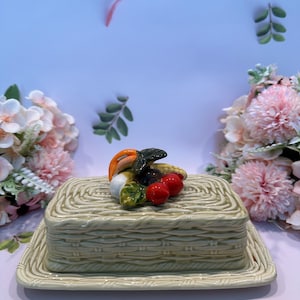 Vintage Lefton Butter Dish: Ceramic Basket Weave with Vegetables