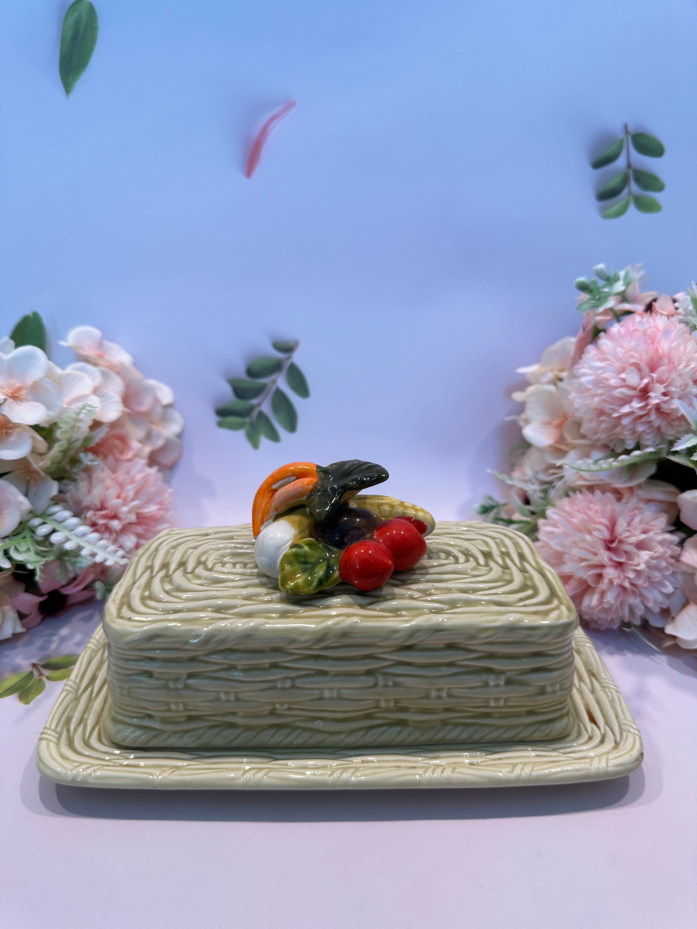 Vintage Lefton Butter Dish: Ceramic Basket Weave with Vegetables