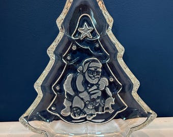 Vintage Gorham Crystal Santa Cookie Dish - Christmas Tree Candy Trinket Bowl