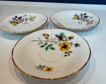 Vintage Royal Kendall 1950s Saucers - Lot of 3 Fine Bone China Saucers, Mismatched Mixed Lot English Floral - Wildflowers Scalloped Trim