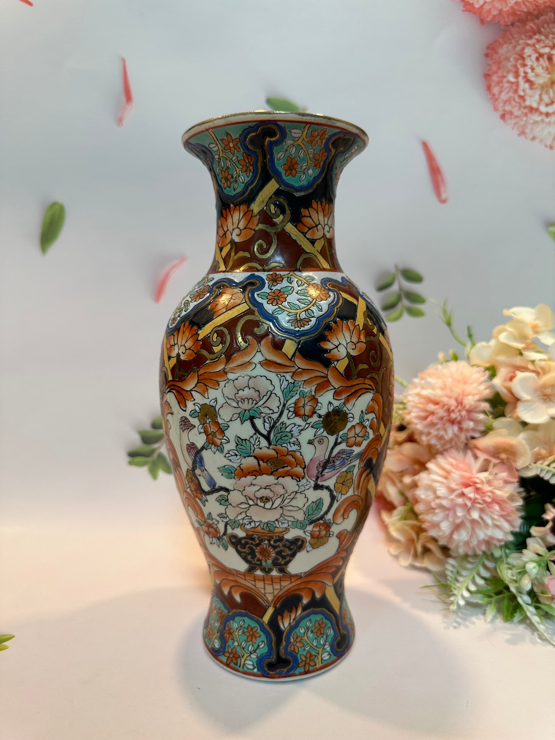 Antique Tall Asian Vase Famille Rose Hand-painted Birds Nature