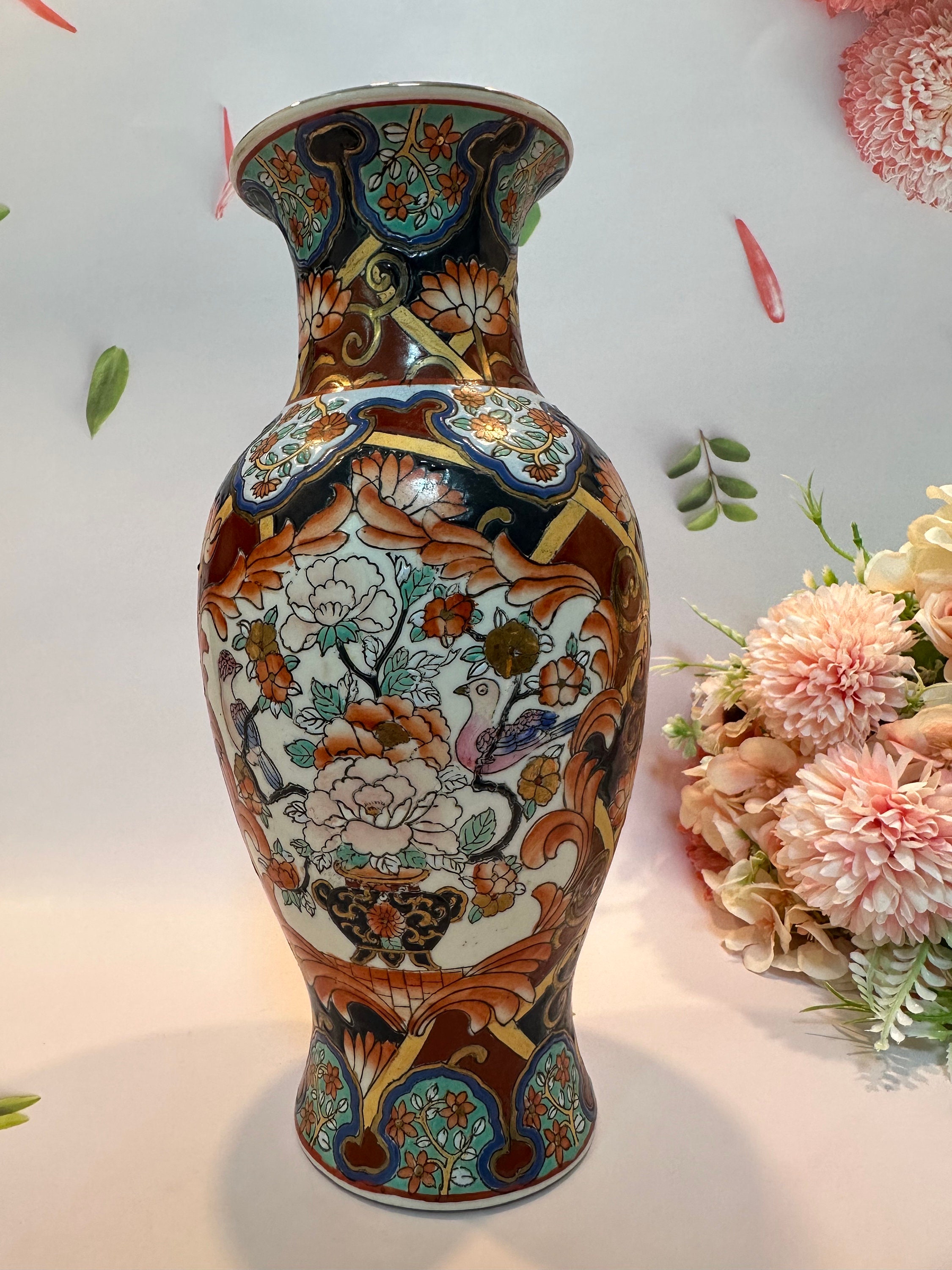 Antique Tall Asian Vase Famille Rose Hand-painted Birds Nature
