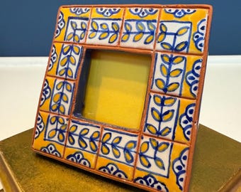Vintage Mini Talavera Art Tile Blue Yellow Frame - Clay Handmade Photo Frame Small