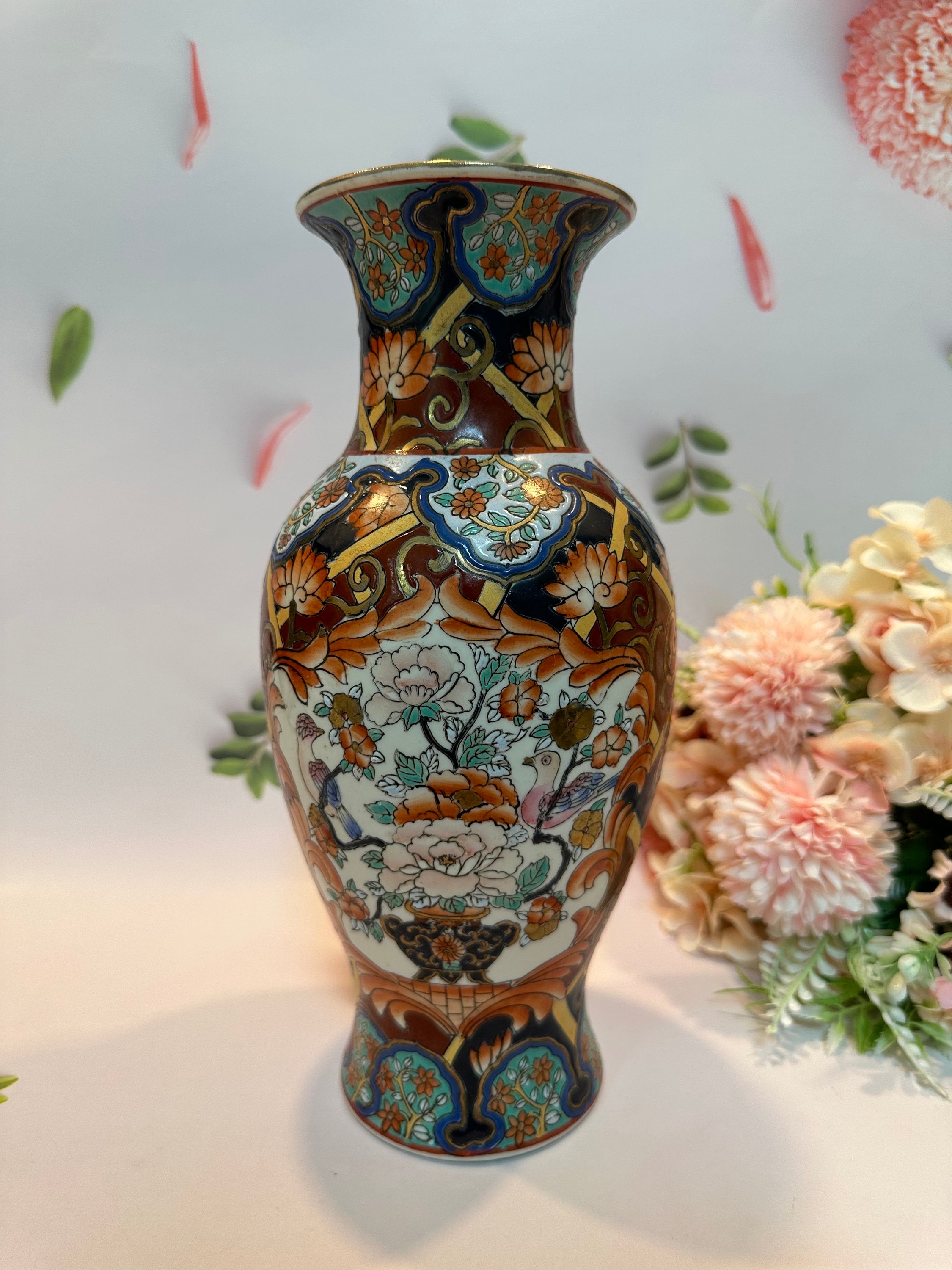 Antique Tall Asian Vase Famille Rose Hand-painted Birds Nature