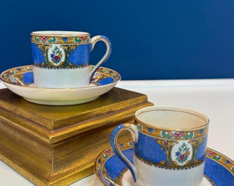 Vintage Copelands Grosvenor China "Blue Cathay" Demitasse Cups & Saucers - Set of 2 - Pristine Saucers, Discolored Cups, Imperfect
