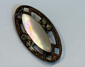 Antique Art Deco 1920s Pin Mother of Pearl Brooch USA Rhinestones