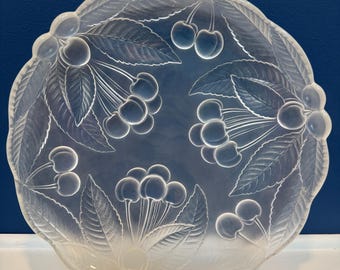 Vintage Mikasa Bountiful Cherries Frosted Crystal Platter, 12” Round Textured Glass Serving Tray, 1980s Retro Mid-Century Holiday Hosting