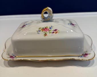 Vintage Edelstein Bavaria Covered Butter Dish - Maria Theresia Floral Porcelain Cheese Keeper -German China with Gold Trim, Romantic Floral