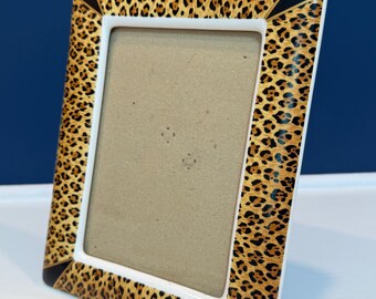 Vintage 1990s Ceramic Leopard Print Picture Frame with Black Accent Corners | Retro Safari Chic Tabletop Photo Frame