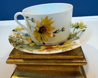 Vintage Bill Goldstein Limoges France "Daisy" Oversized Teacup Saucer Set - Oversized Porcelain Floral Coffee Mug Set