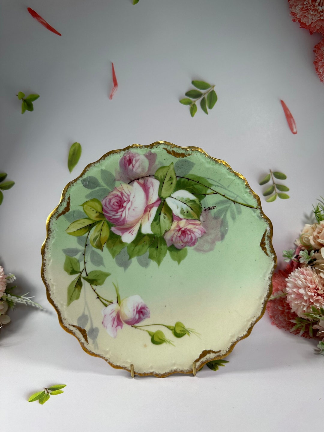 Antique Large Limoges Rose Plate Signed Vintage Display Art Piece Wall