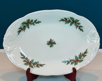 Vintage Royal Kent Poland - Holly Berry Pinecone - Christmas Oval Serving Platter