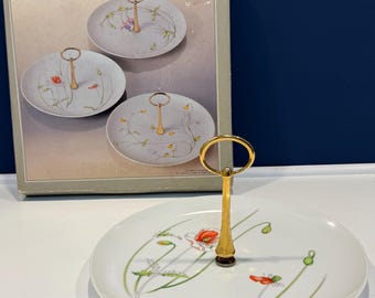 Vintage Toscany Collection Poppy Red Tidbit Tray - Mid-Century Porcelain Botanical Floral Serving Plate with Gold Handle, Made in Japan