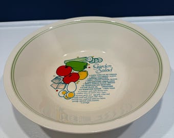 Vintage Sunnycraft Garden Salad Recipe Bowl | Sunstone Collection Ceramic Serving Bowl with Recipe Illustration - Retro Kitchen Decor Salad