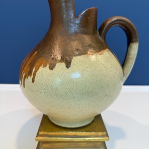Vintage Mid Century Brown Drip Glaze Ceramic Pitcher Ewer - Split Lip Three Spout Tulip Rim Design, 1960s 1970s Art Pottery Souvenir Ware
