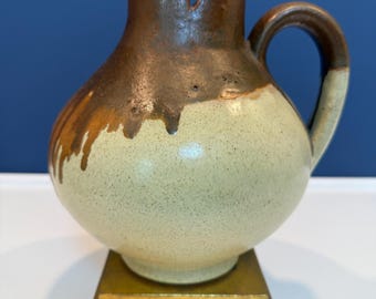 Vintage Mid Century Brown Drip Glaze Ceramic Pitcher Ewer - Split Lip Three Spout Tulip Rim Design, 1960s 1970s Art Pottery Souvenir Ware