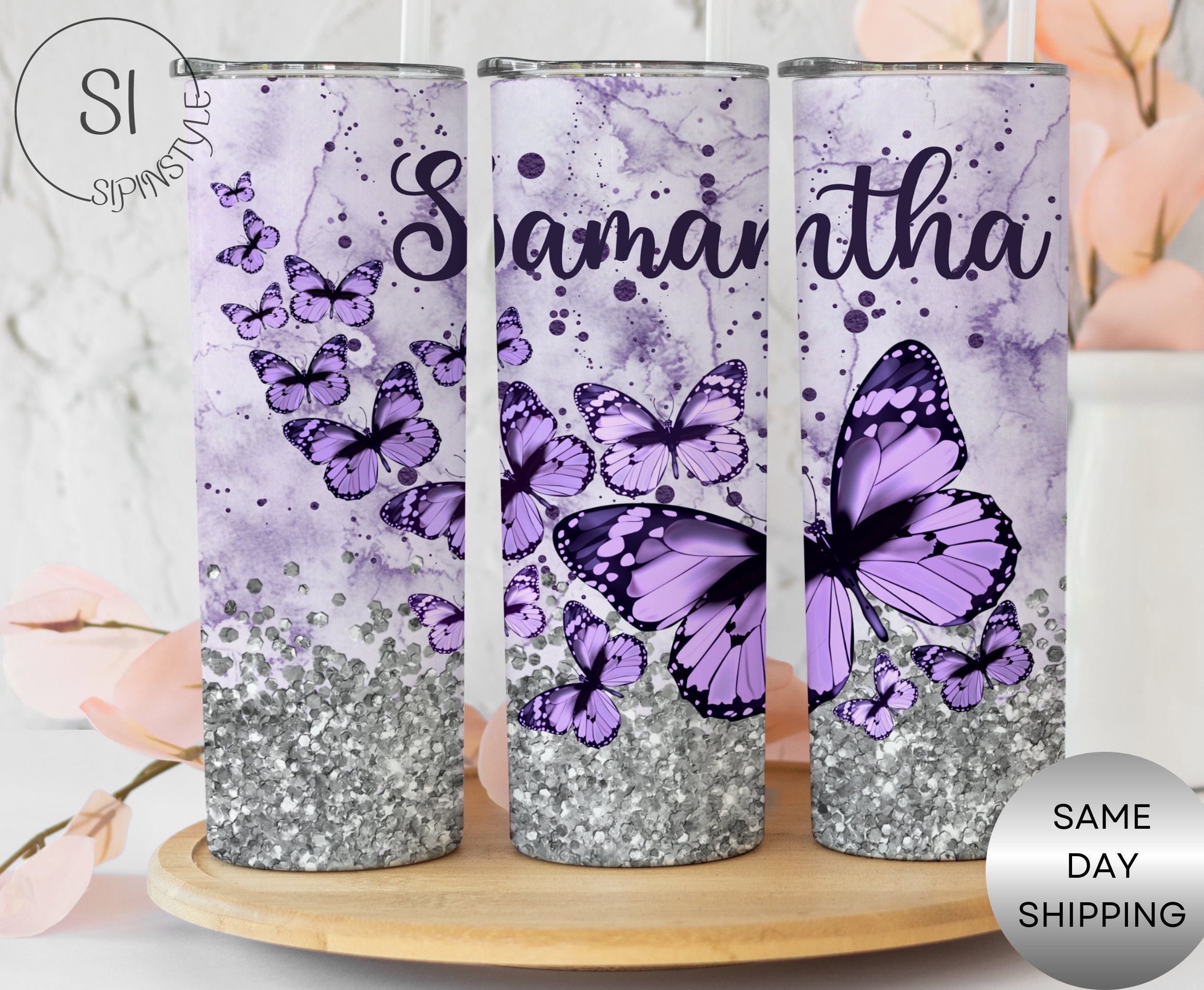 Butterflies 20oz Skinny tumbler with straw Printed With Permanent Ink. Add  name