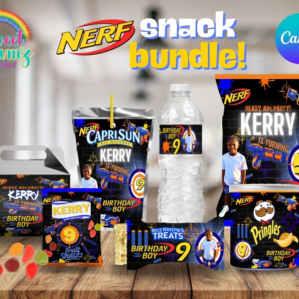 EDITABLE Nerf Inspired Party Snack Bundle | Dart Gun Snack Multipack | Birthday Party Favor Treats | Dart Game Target Customizable Template