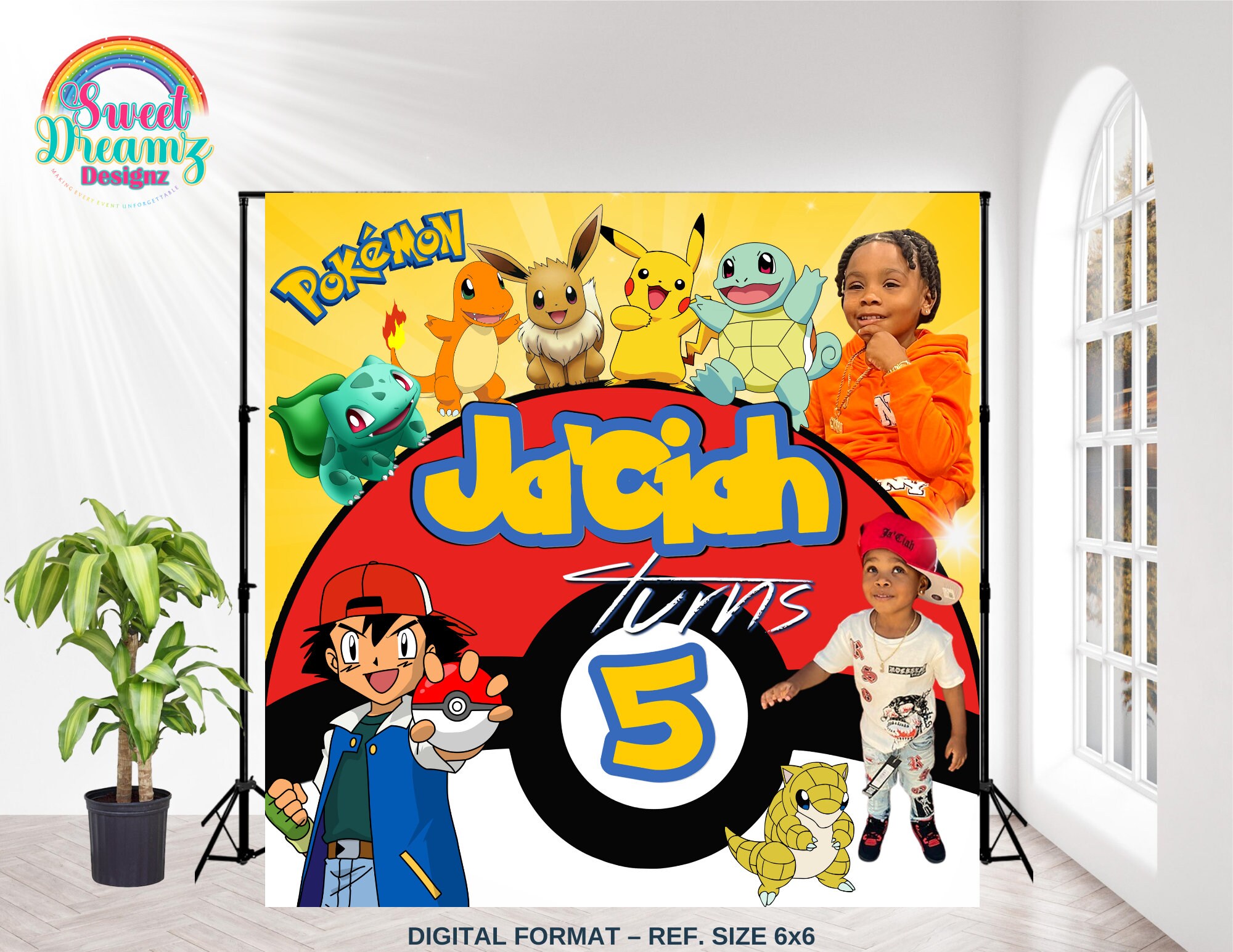 Pokemon Inspired Birthday Backdrop Pokemon Cards Banner Birthday Red Black Yellow Theme Photo Backdrop for Boy Birthday
