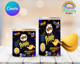 BEWERKBARE Nerf geïnspireerd Pringle kan label | Dartgun-chipblik | Verjaardagsfeestje gunst behandelt | Dartspel Doel Aanpasbare sjabloon Pringles