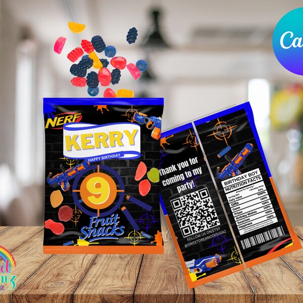 EDITABLE Nerf Inspired Party Fruit Snacks Wrapper | Dart Gun Gummy Treats | Birthday Favor Treats | Dart Game Customize Template Treats