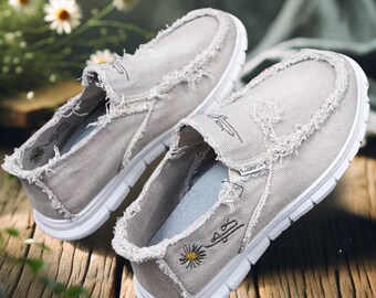 Handcrafted Grey Canvas Slip-Ons with Daisy Embroidery | Artisan Frayed Edge Casual Shoes | Eco-Friendly Boho Chic Footwear |  Handmade Gift