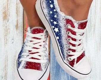 Women's Patriotic Print Shoes, Lace Up Low-top Round Toe Lightweight Non-slip Outdoor Shoes- Red, White, and Blue Casual Shoes, July 4th