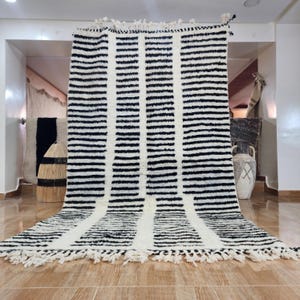 Handmade Black and White Berber Rug: Striped Natural Wool, Boho Chic