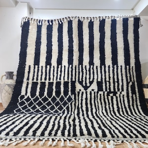 Handwoven Black and White Moroccan Rug, Bold Striped Tribal Design, Artisan Wool Home Décor