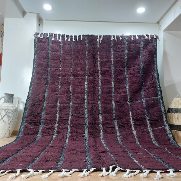 Handmade Berber Rug - Deep Burgundy Wool Carpet - Moroccan Striped Design