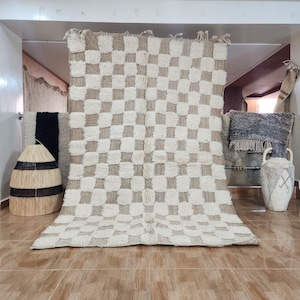 Handmade Berber Rug in Natural Wool – Checkered Beige and Off-White Design, Perfect for Boho, Modern, or Minimalist Home Décor