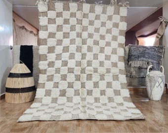 Handmade Berber Wool Rug: Checkered Beige & Off-White, Boho Decor