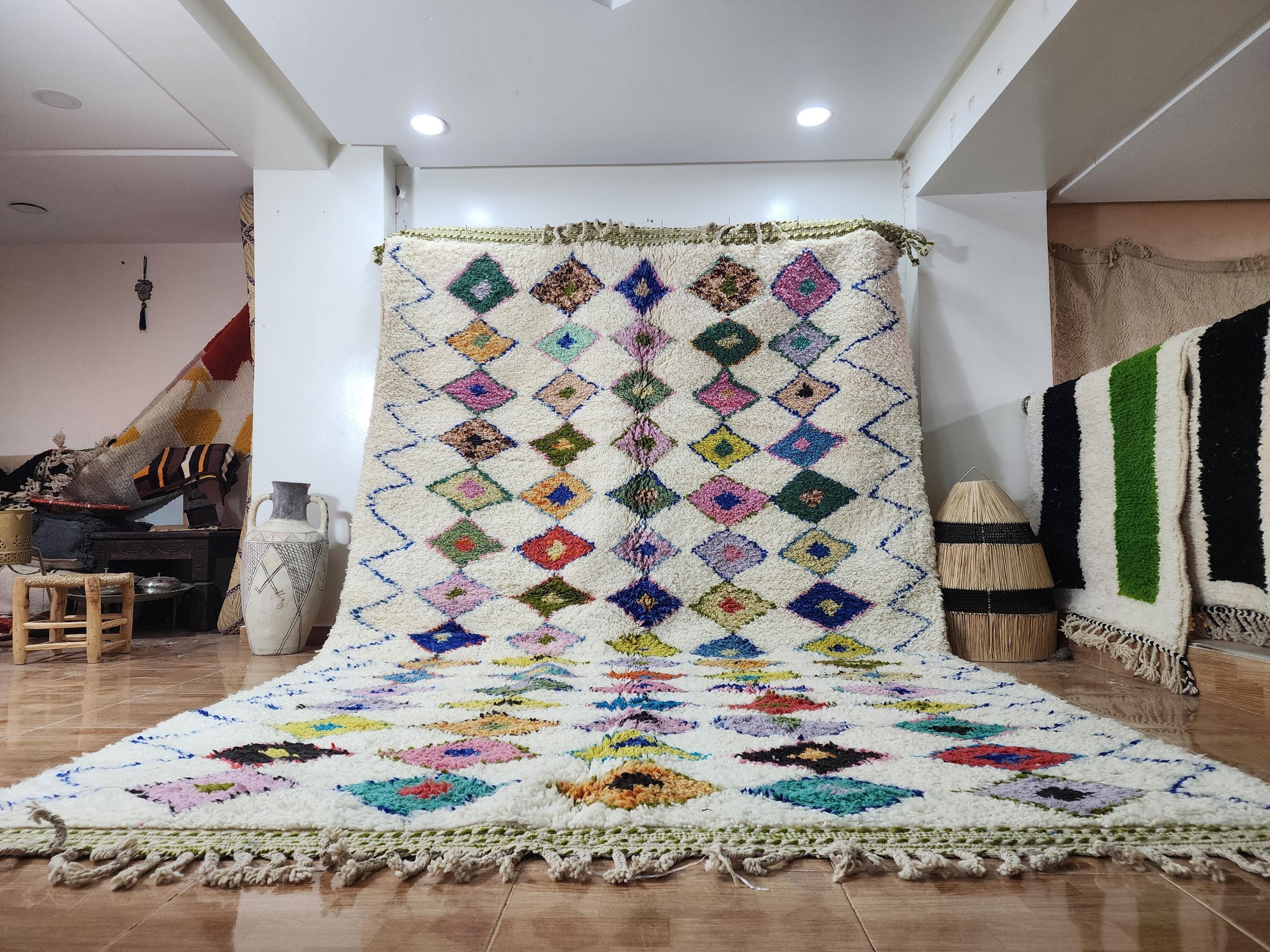 Handmade Azilal Rug - Multicolor Diamond Pattern - Moroccan Wool