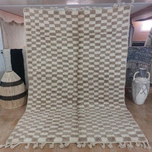 Beige and White Checkered Pattern, Minimalist Boho Decor - Handmade Wool Rug