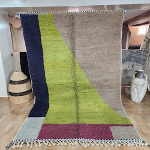 Handmade Moroccan Rug, Abstract Berber Tapis, Wool Area Carpet, Unique Green, Navy, and Pink Design, Gift For Her, Home Decor