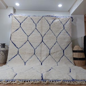 Handmade Berber Beni Ourain Rug - Natural Wool - Blue Diamond Pattern - Boho Chic Style