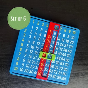 Puede incluir: Una tabla de multiplicar azul con números amarillos del 1 al 10 en filas y columnas. Un deslizador vertical rojo y una ventana horizontal verde resaltan productos, como 6 por 6 igual a 36. Un círculo verde muestra el texto SET OF 5.
