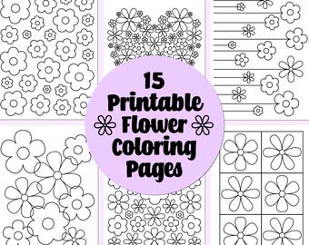 15 Printable Flower Coloring Pages, Easy and Relaxing, Groovy Floral Designs, Digital Download